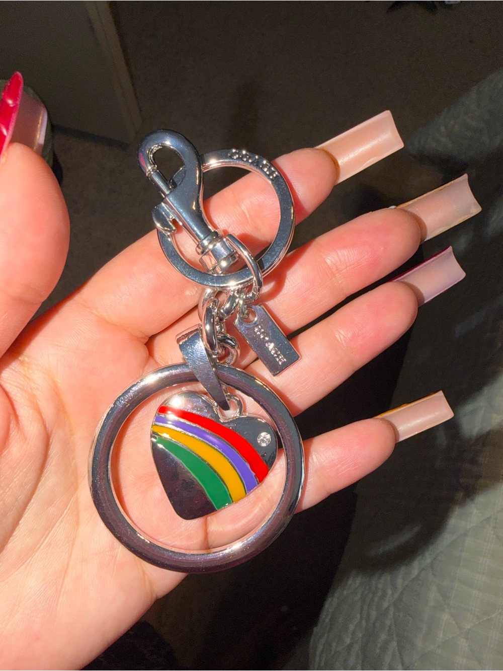 Coach Silver Keyring with Rainbow Heart Enamel Charm